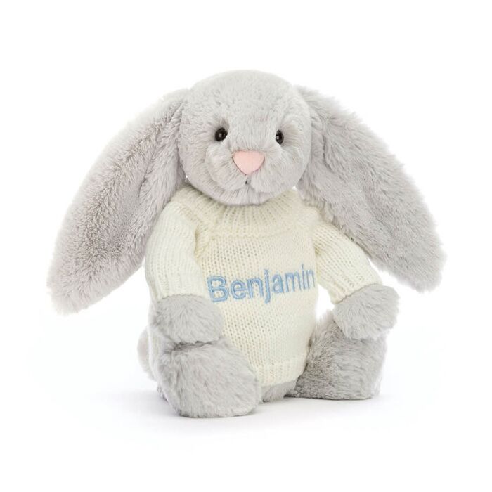 Bashful Silver Bunny with Personalised Cream Jumper