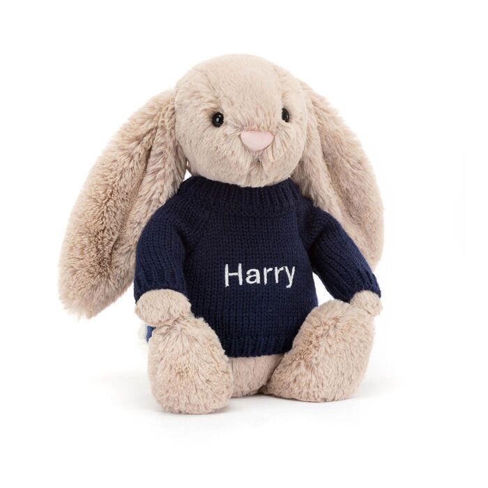 Bashful Beige Bunny with Personalised Navy Jumper