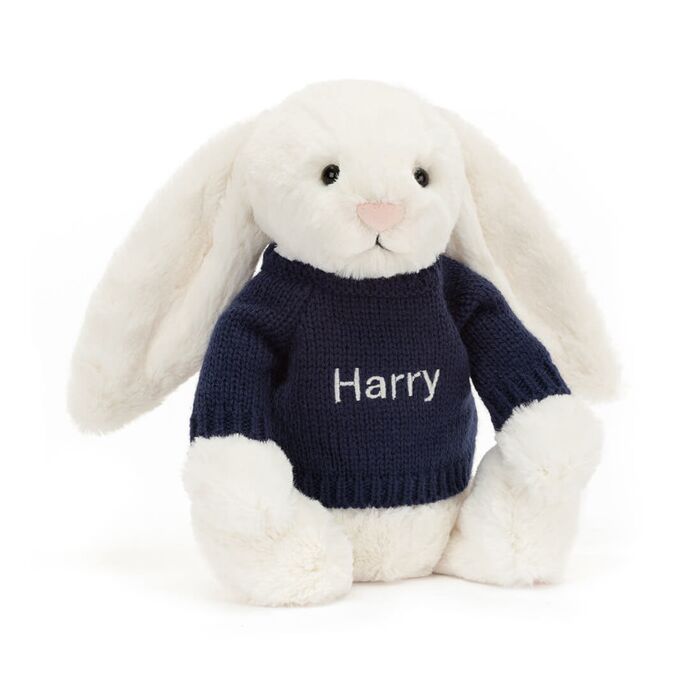 Bashful Cream Bunny with Personalised Navy Jumper