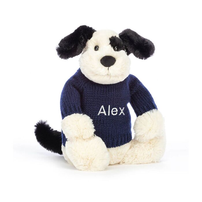 Bashful Black &  Cream Puppy with Personalised Navy Jumper