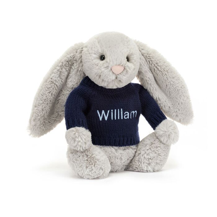Bashful Silver Bunny with Personalised Navy Jumper