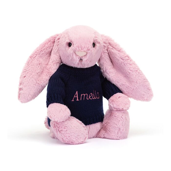 Bashful Tulip Pink Bunny with Personalised Navy Jumper