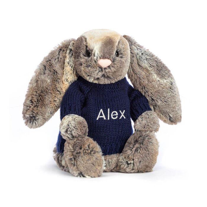 Bashful Cottontail Bunny with Personalised Navy Jumper