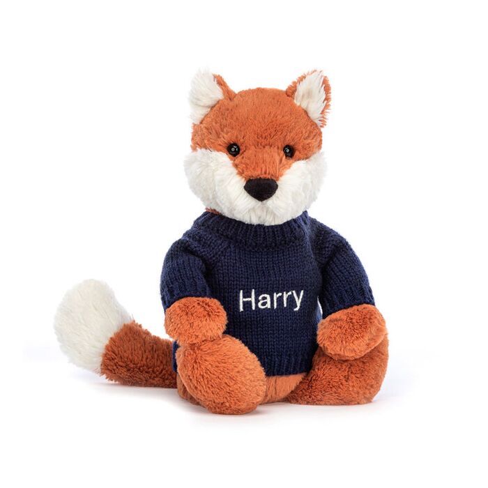 Bashful Fox Cub with Personalised Navy Jumper