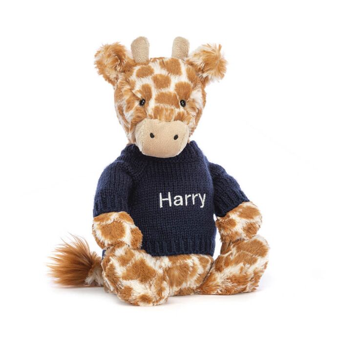 Bashful Giraffe with Personalised Navy Jumper