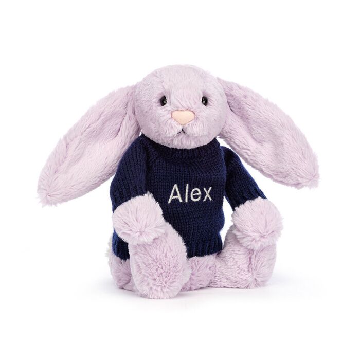 Bashful Lilac Bunny with Personalised Navy Jumper