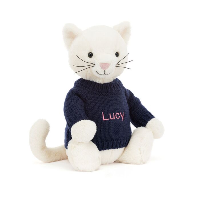 Bashful Cream Kitten with Personalised Navy Jumper