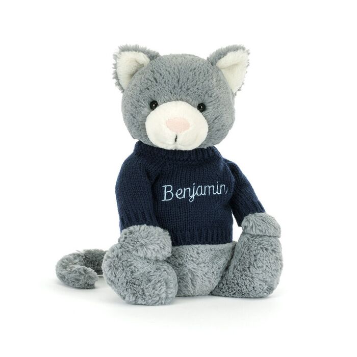 Bashful Kitten with Personalised Navy Jumper