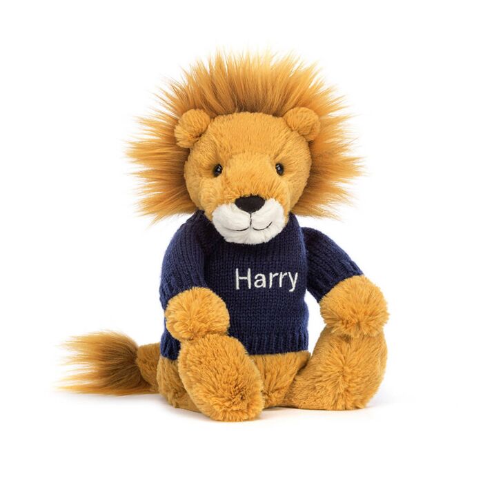 Bashful Lion with Personalised Navy Jumper