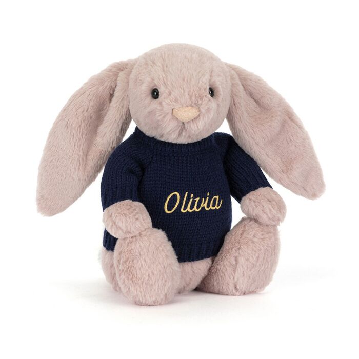 Bashful Luxe Bunny Rosa with Personalised Navy Jumper