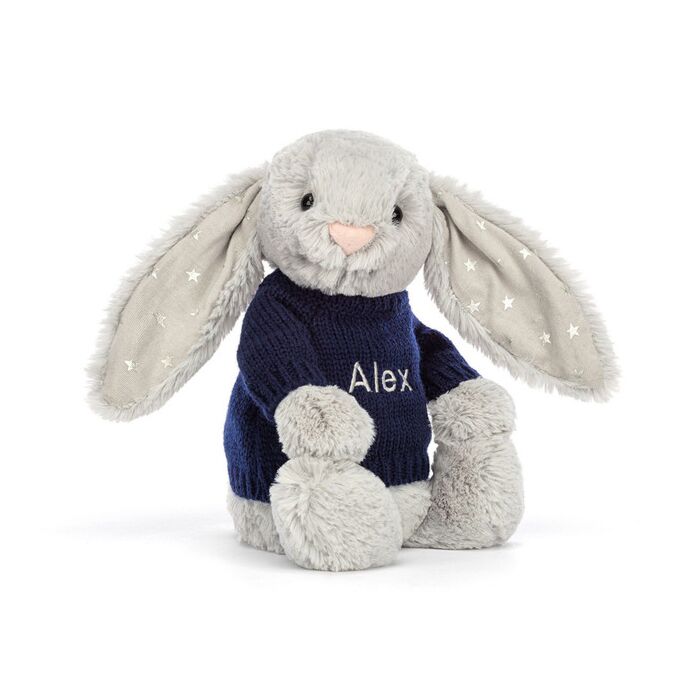 Bashful Shimmer Bunny with Personalised Navy Jumper