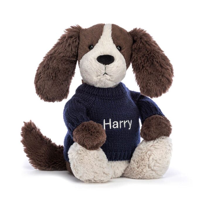 Bashful Fudge Puppy with Personalised Navy Jumper
