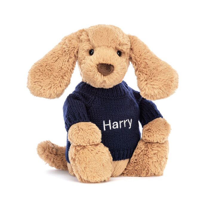 Bashful Toffee Puppy with Personalised Navy Jumper