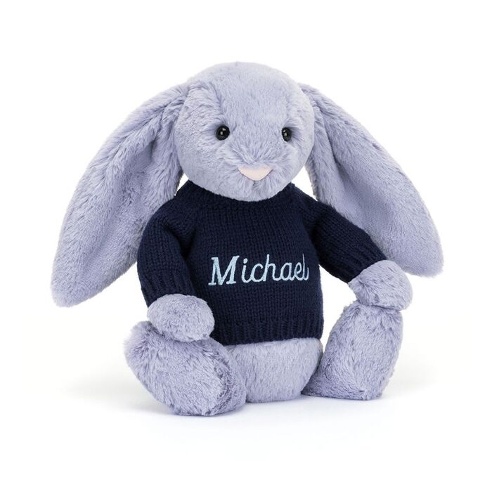 Bashful Viola Bunny with Personalised Navy Jumper