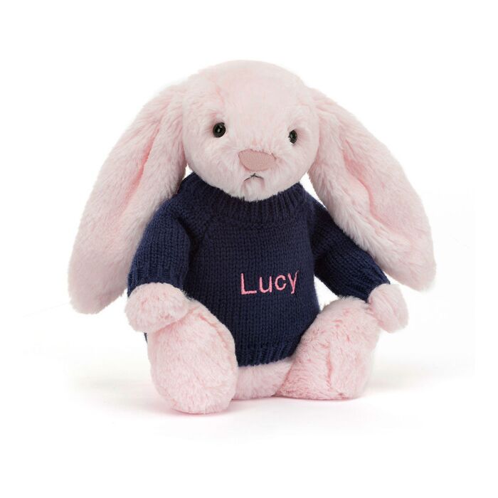 Bashful Pink Bunny with Personalised Navy Jumper
