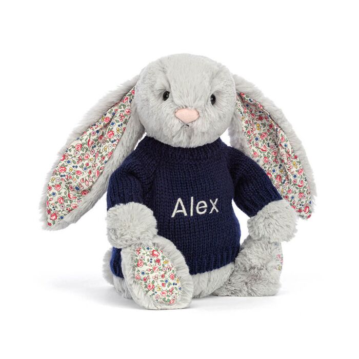 Blossom Silver Bunny with Personalised Navy Jumper
