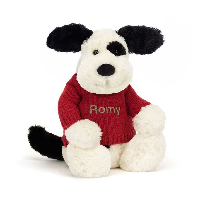 Bashful Black &  Cream Puppy with Personalised Red Jumper