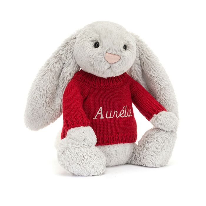 Bashful Silver Bunny with Personalised Red Jumper