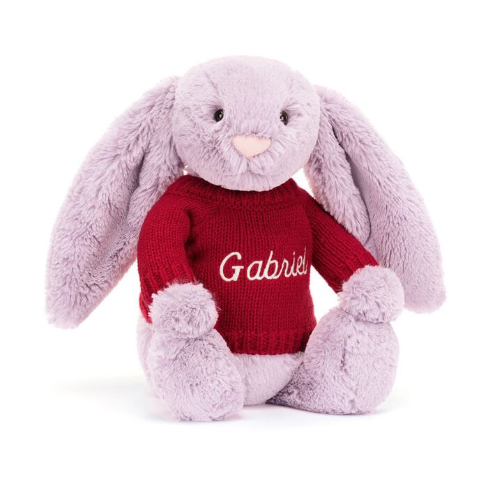 Bashful Lilac Bunny with Personalised Red Jumper