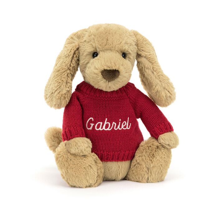 Bashful Toffee Puppy with Personalised Red Jumper