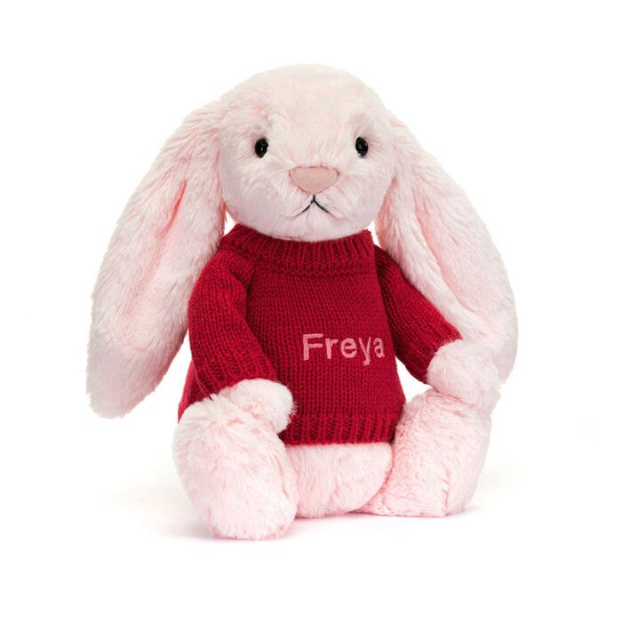Bashful Pink Bunny with Personalised Red Jumper