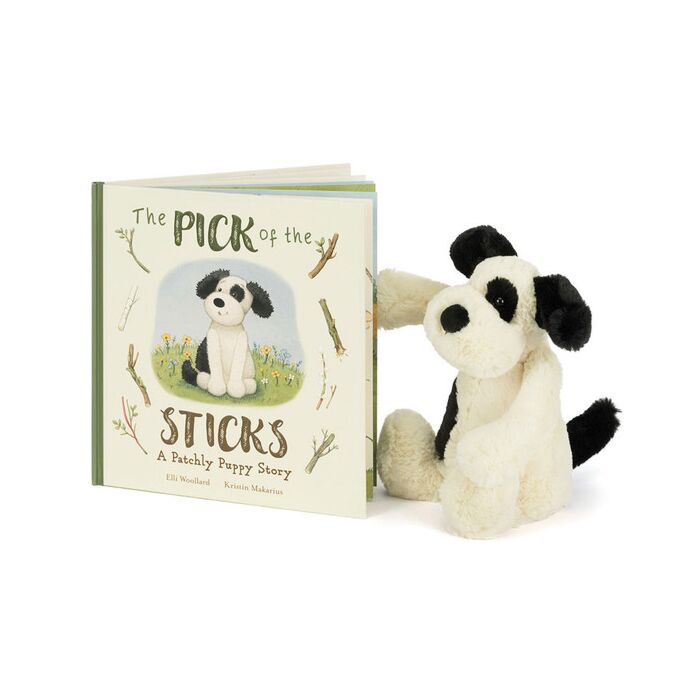The Pick of the Sticks Book and Bashful Black &  Cream Puppy Medium