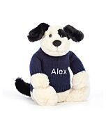 Bashful Black &amp  Cream Puppy with Personalised Navy Jumper