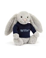 Bashful Silver Bunny with Personalised Navy Jumper