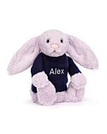 Bashful Lilac Bunny with Personalised Navy Jumper