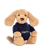 Bashful Toffee Puppy with Personalised Navy Jumper