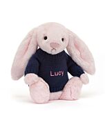 Bashful Pink Bunny with Personalised Navy Jumper