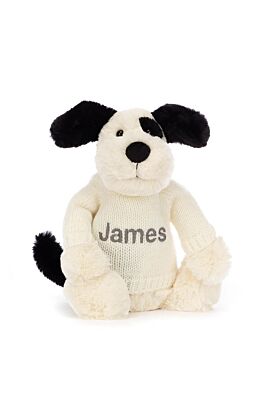 Bashful Black &amp  Cream Puppy with Personalised Cream Jumper