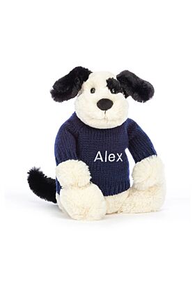 Bashful Black &amp  Cream Puppy with Personalised Navy Jumper