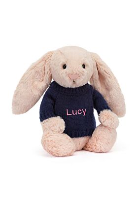 Bashful Blush Bunny with Personalised Navy Jumper