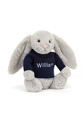 Bashful Silver Bunny with Personalised Navy Jumper