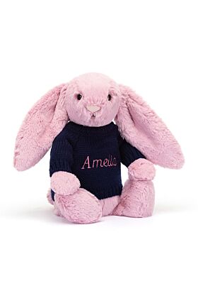 Bashful Tulip Pink Bunny with Personalised Navy Jumper