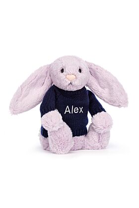 Bashful Lilac Bunny with Personalised Navy Jumper