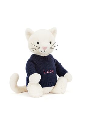Bashful Cream Kitten with Personalised Navy Jumper