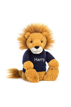 Bashful Lion with Personalised Navy Jumper