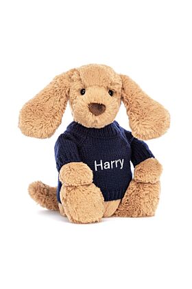 Bashful Toffee Puppy with Personalised Navy Jumper