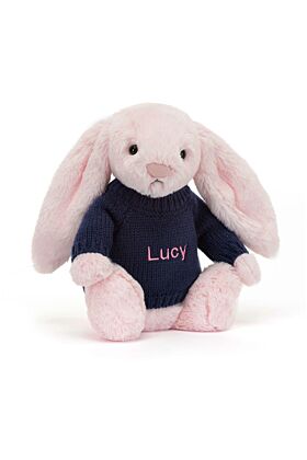 Bashful Pink Bunny with Personalised Navy Jumper