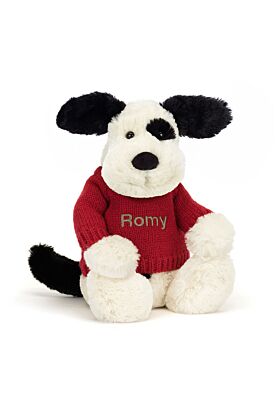 Bashful Black &amp  Cream Puppy with Personalised Red Jumper